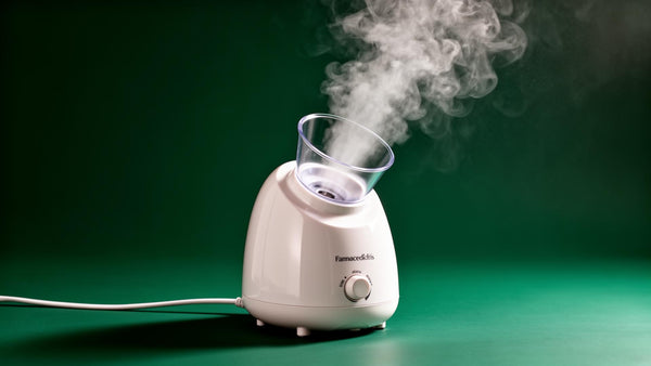 Lumière Pro facial steamer with warm mist on emerald background